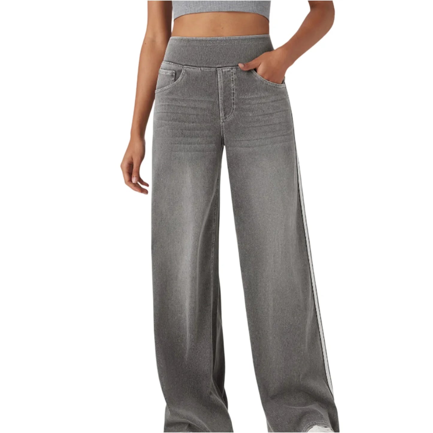 Washed Side Striped Wide-Leg Jean