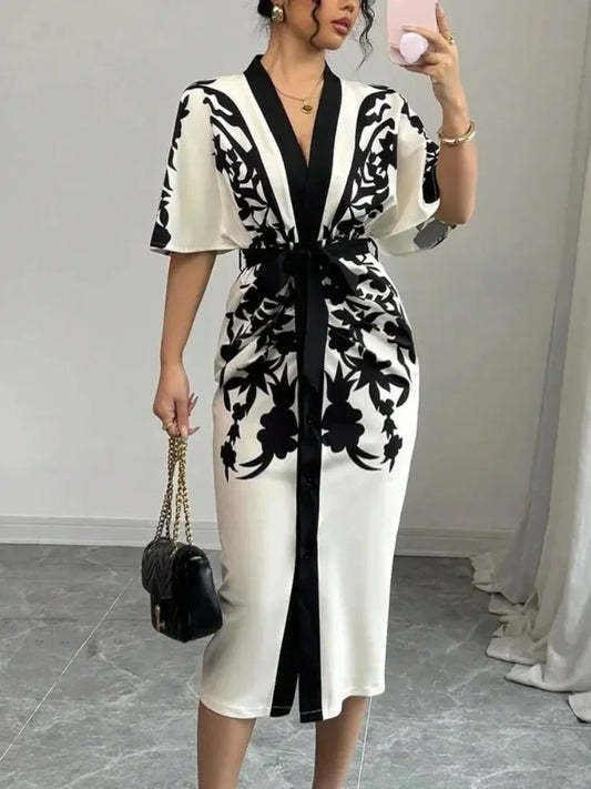 Half Sleeves Flower Printed Waist Dress