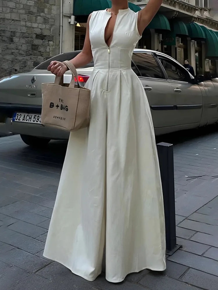 Solid Color Zipper V-Neck Sleeve-less Jumpsuit