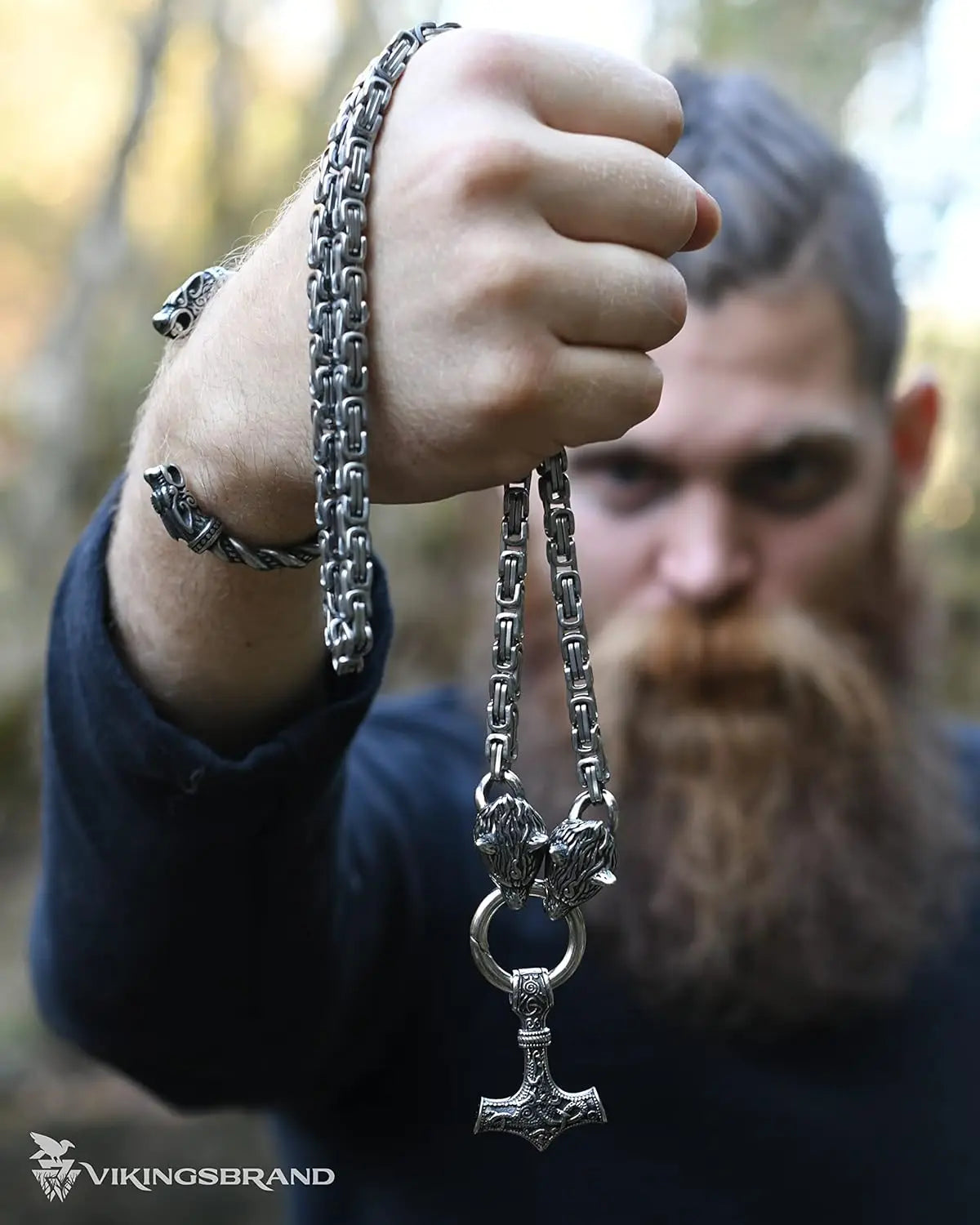 Stainless Steel Thor’s Hammer Necklace with Wolf Heads