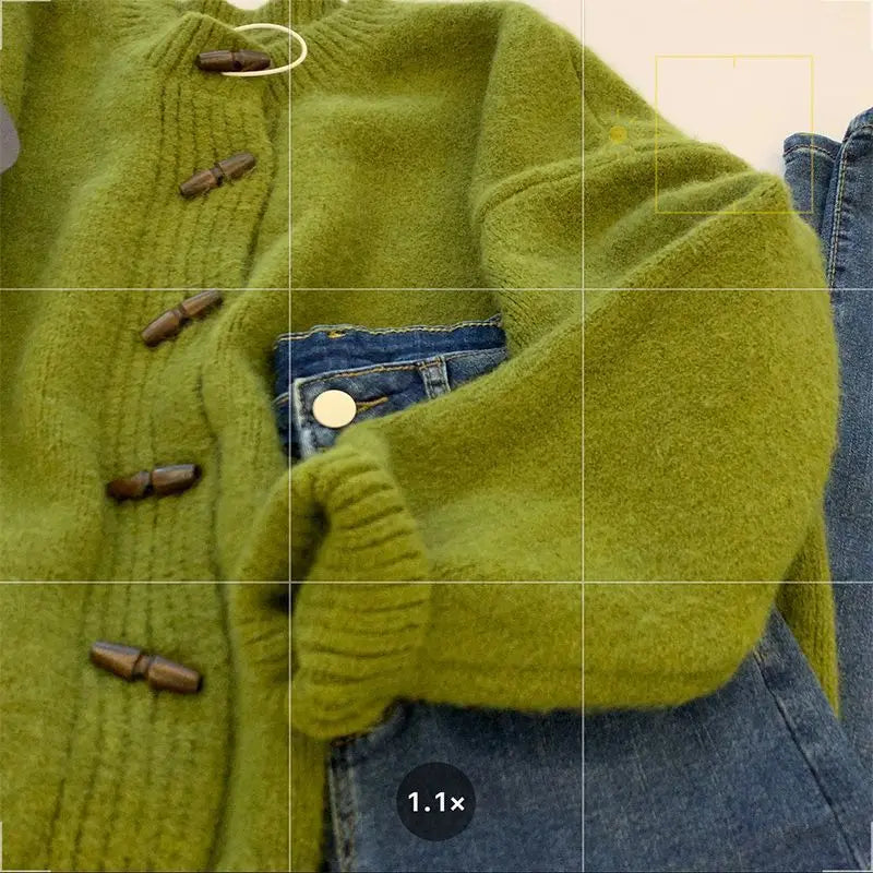 Green Horn Button Knitted Cardigan Sweater