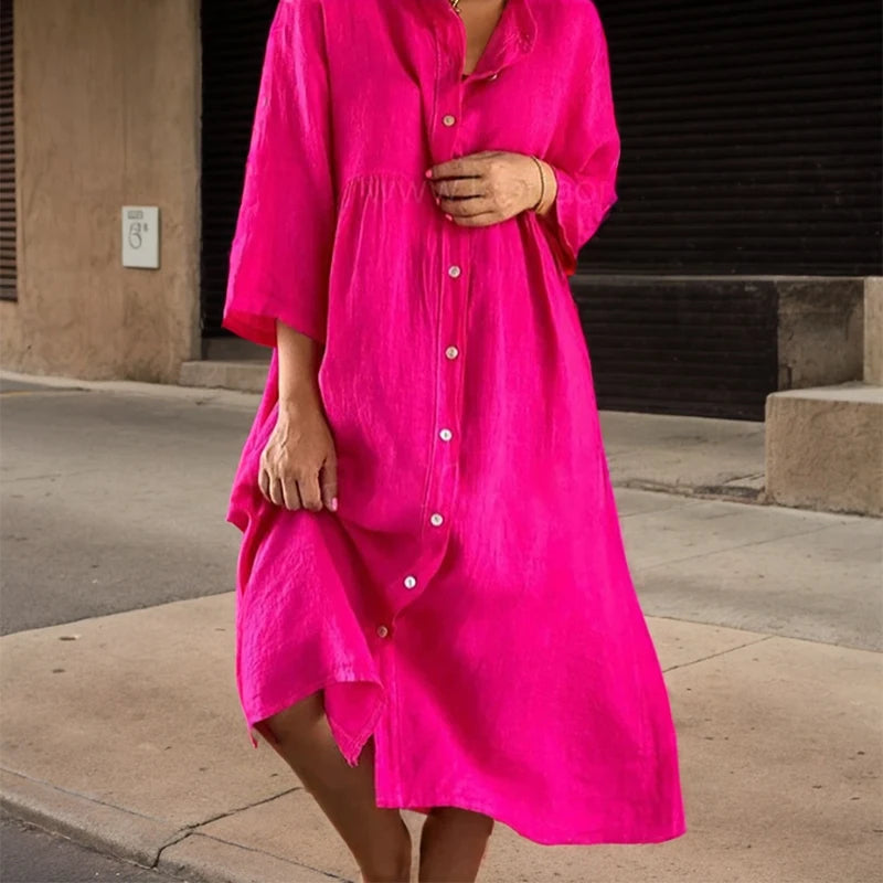 Long Sleeve Button O-neck Loose Dress