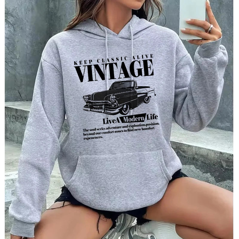 Vintage Car Retro Casual Graphic Print Hoodie