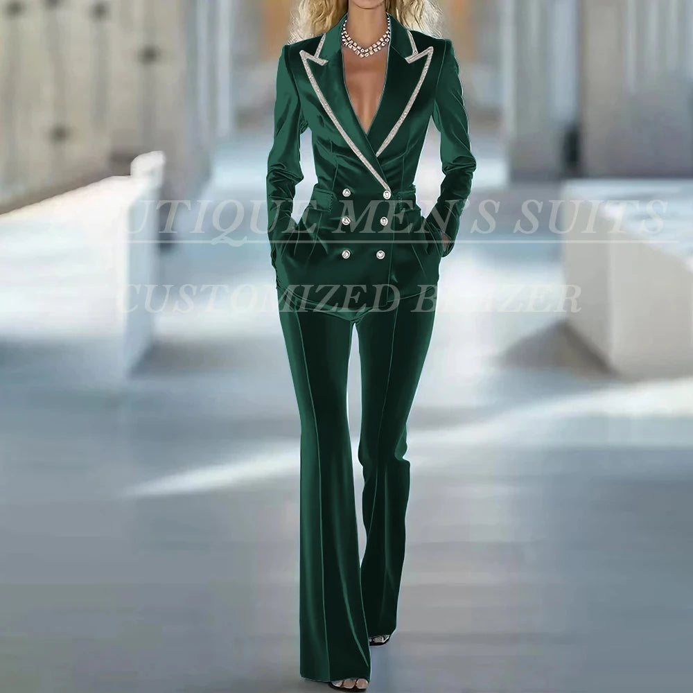 Fashion Women's Suits 2 Piece Jacket Pants Sets Elegant Double Breasted Female Velvet Clothing Office Lady Outfits Costume