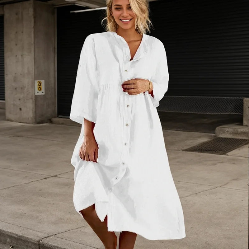 Long Sleeve Button O-neck Loose Dress