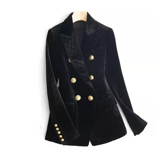 Velvet Black Cotton Double Row Metal Button Blazer