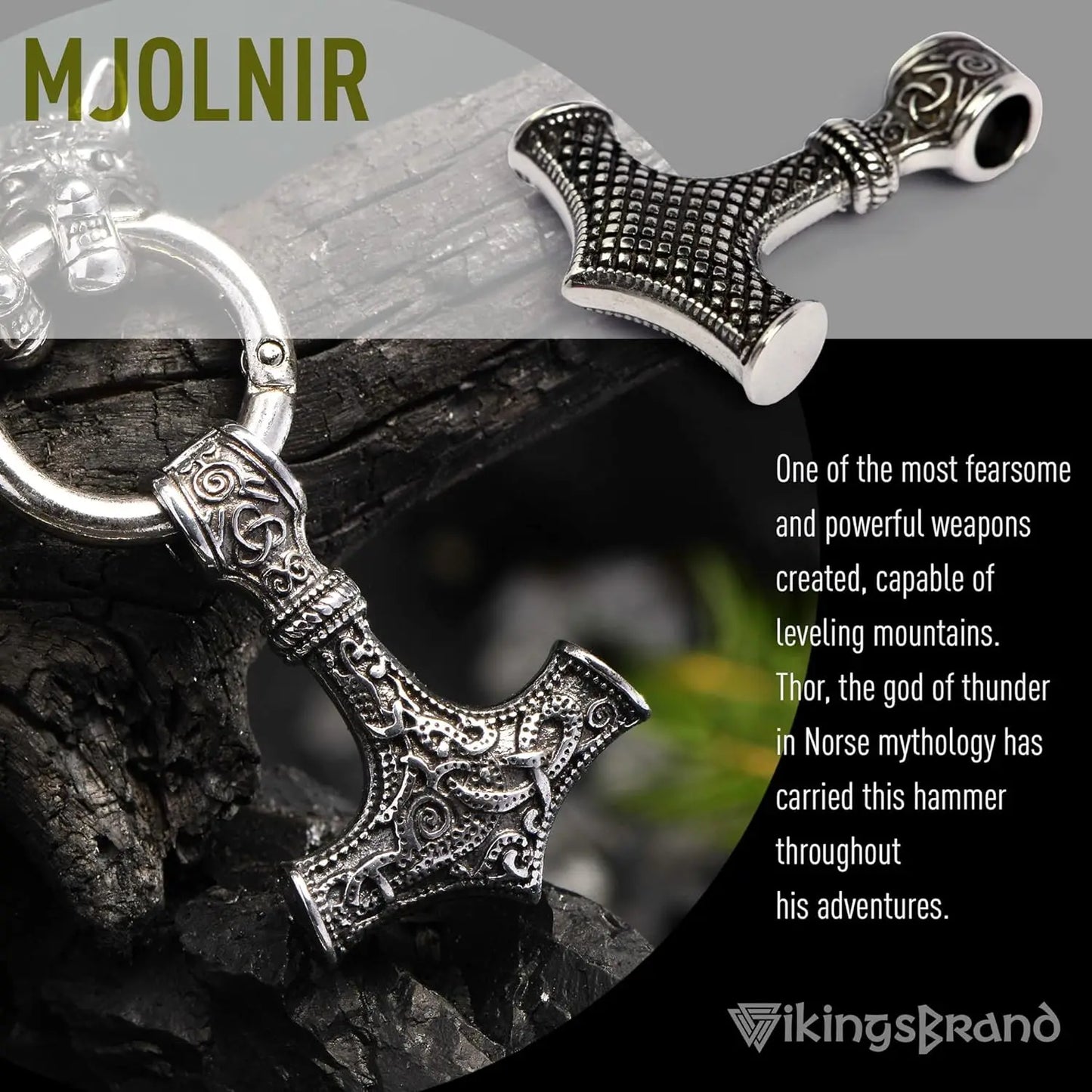 Stainless Steel Thor’s Hammer Necklace with Wolf Heads