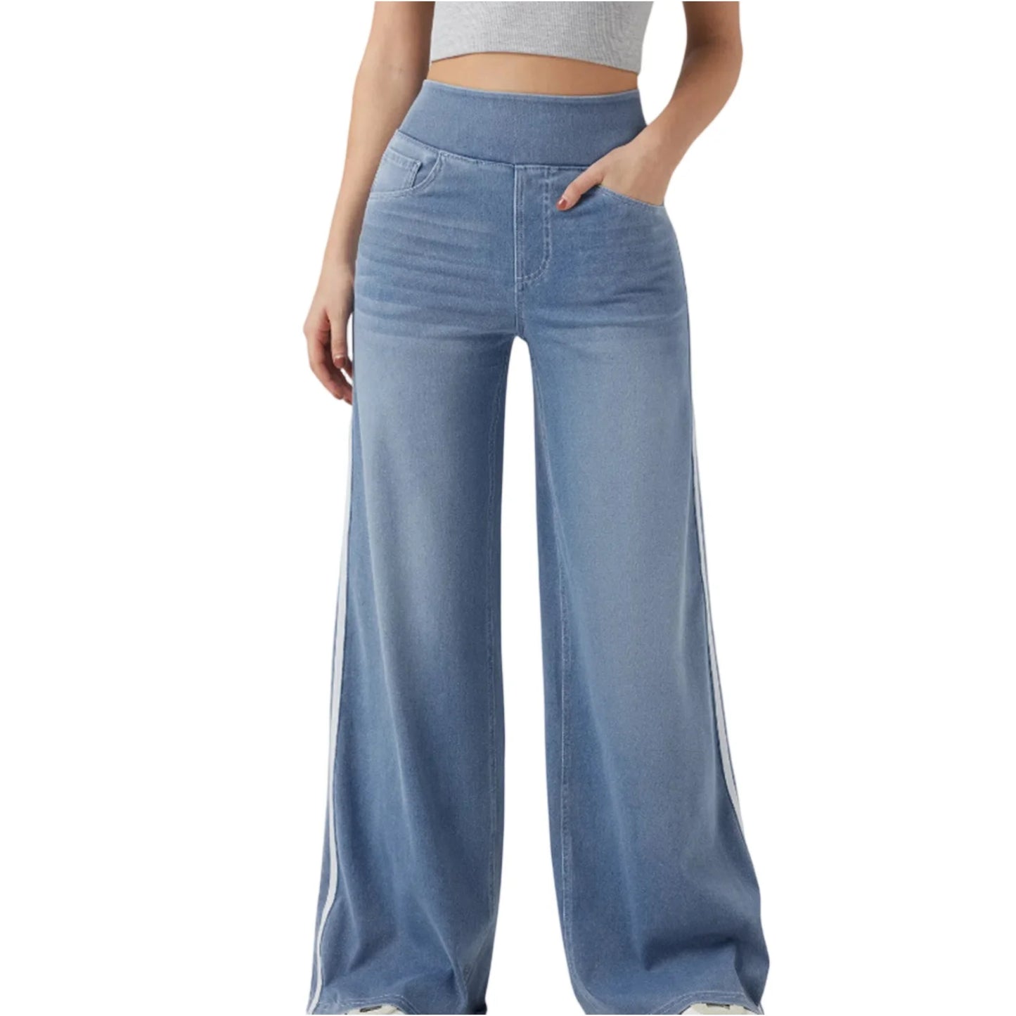 Washed Side Striped Wide-Leg Jean