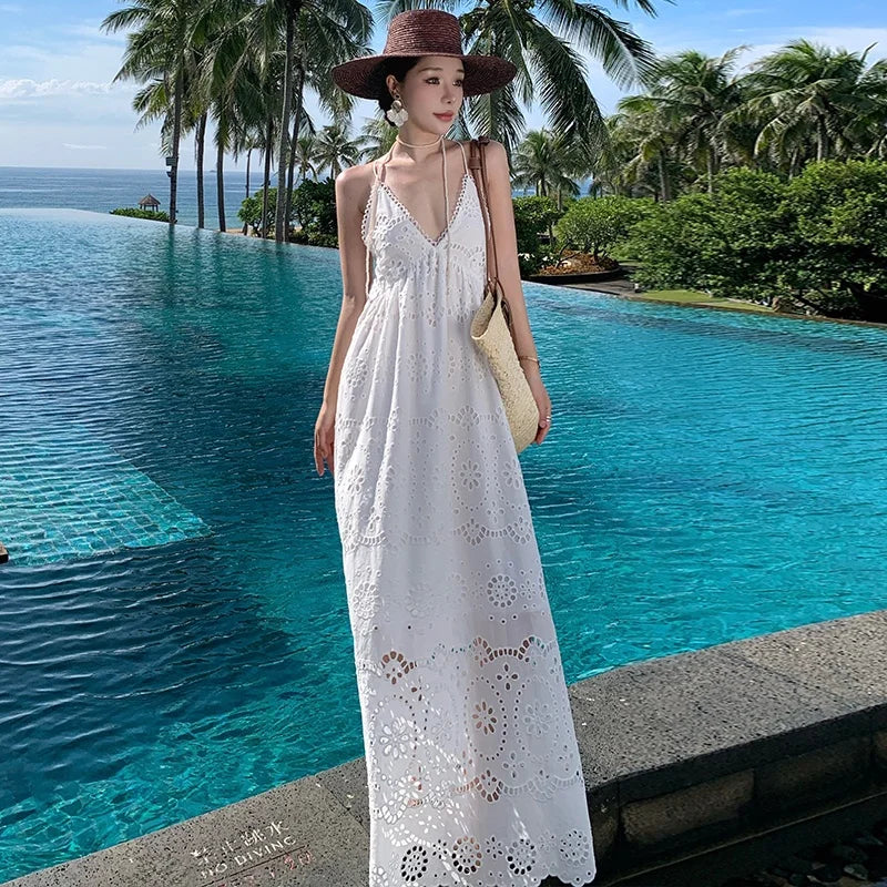 White Embroidery V-Neck Dress