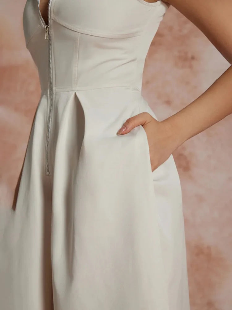 Solid Color Zipper V-Neck Sleeve-less Jumpsuit