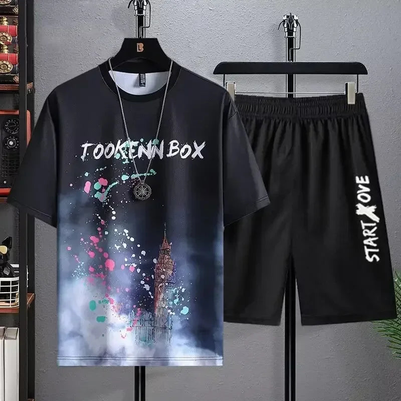Men's Casual Breathable Short Sleeve 3D Printed T-shirt+Shorts Basketball Set