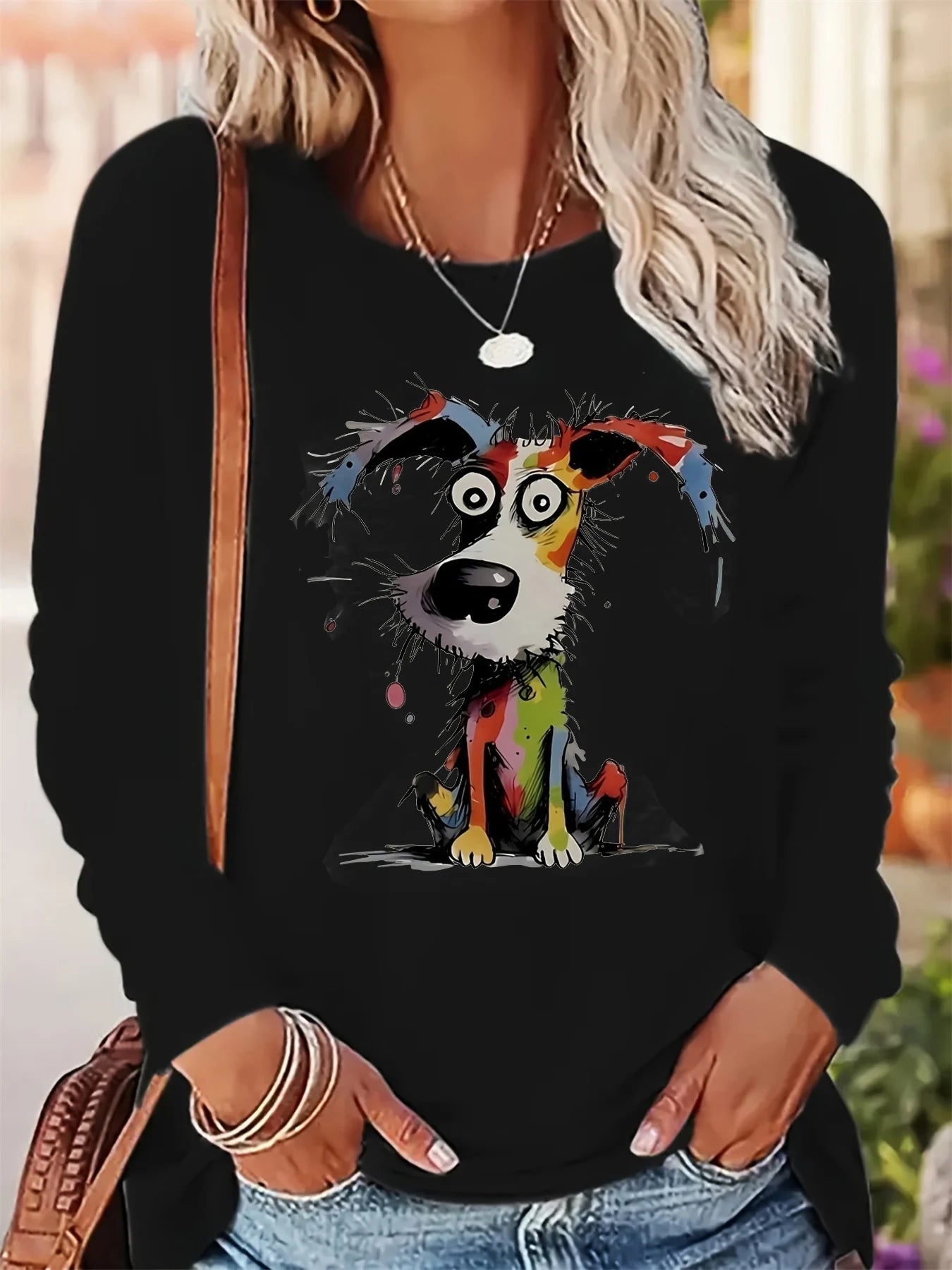 Casual Painted Cute Dog Print Round Neck Long Sleeved T-shirt
