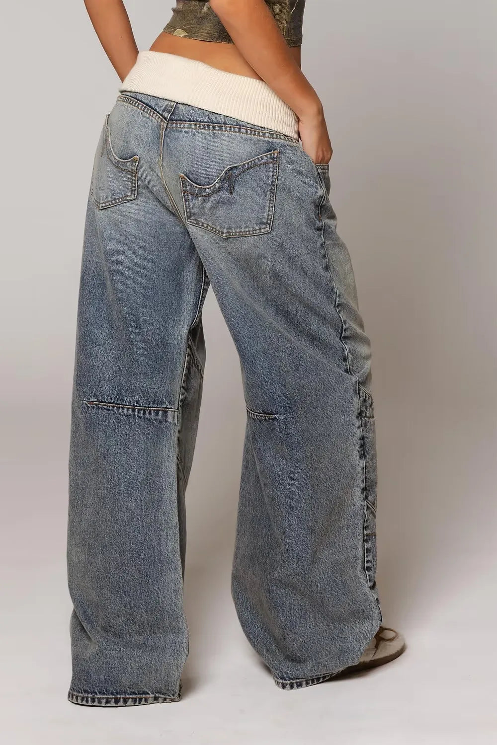 Retro Hip-Hop Patchwork Blue Low Waist Oversize Loose Wide Leg Jean