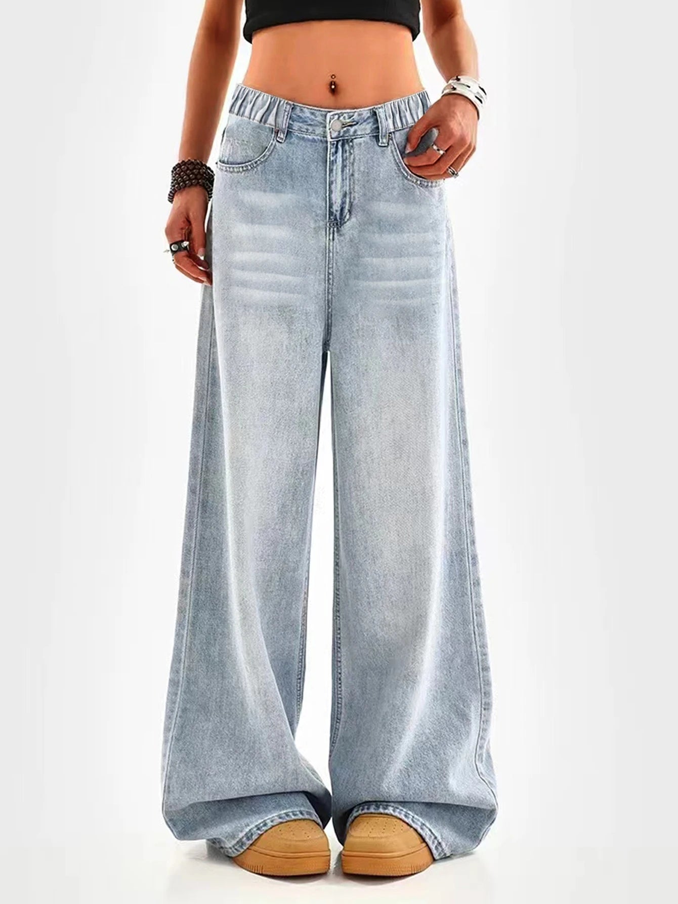 Blue Loose Wide-leg Straight Long Jeans