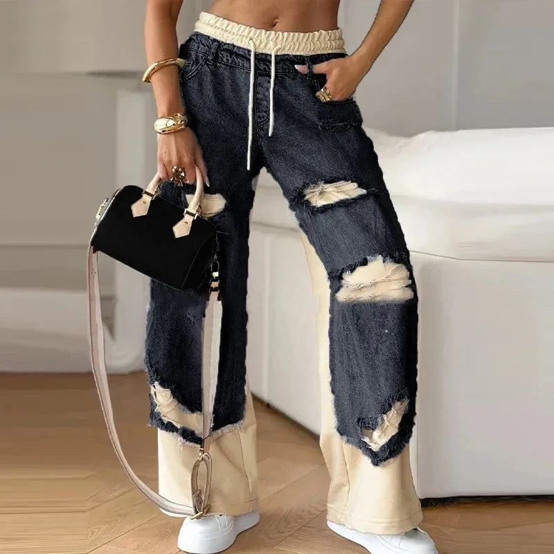 Patchwork Loose Drawstring Low Waist Pockets Jean