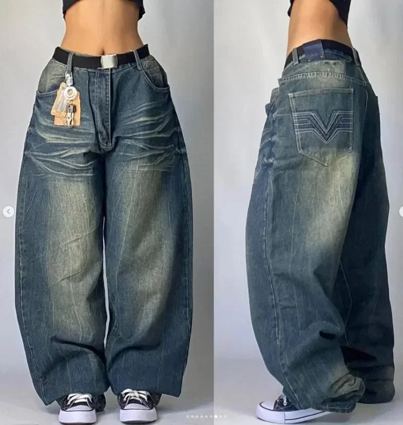 Baggy Red Print Grey Washed Unsex Wide Leg Jean