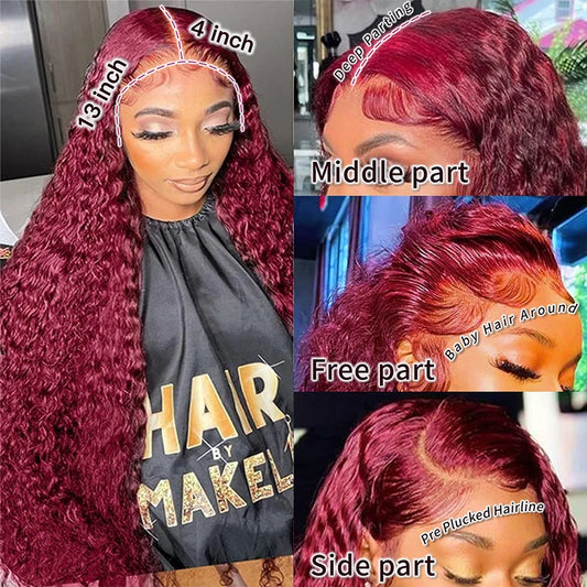 Burgundy 13X4 Curly Colored Deep Wave Frontal Wig