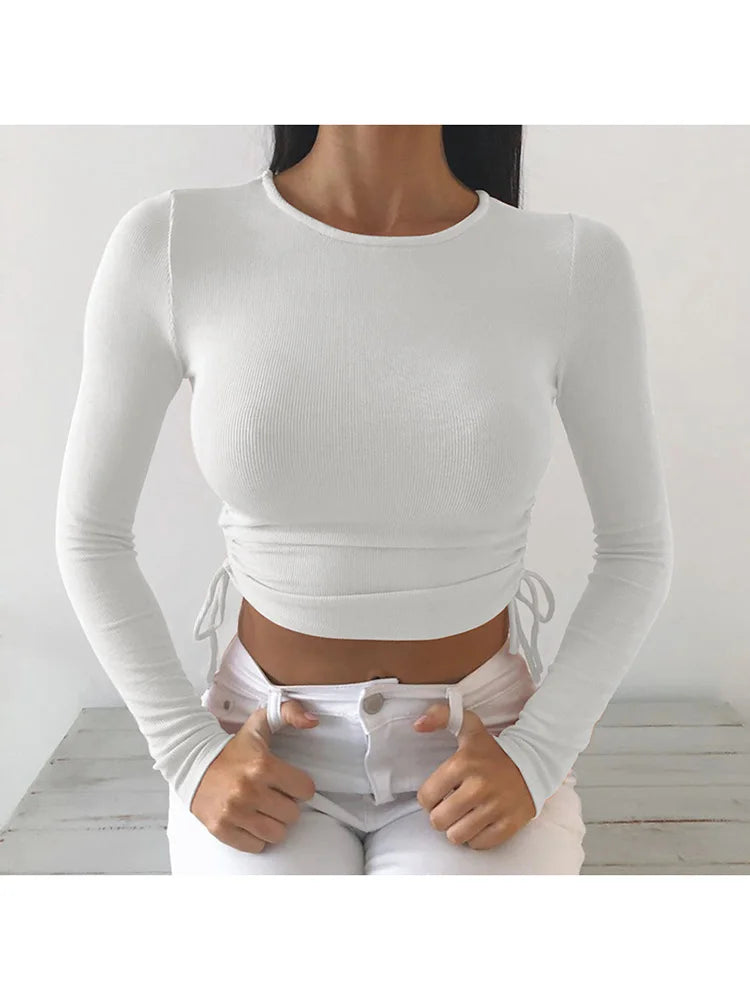 O-Neck Long Cropped Solid T-Shirt