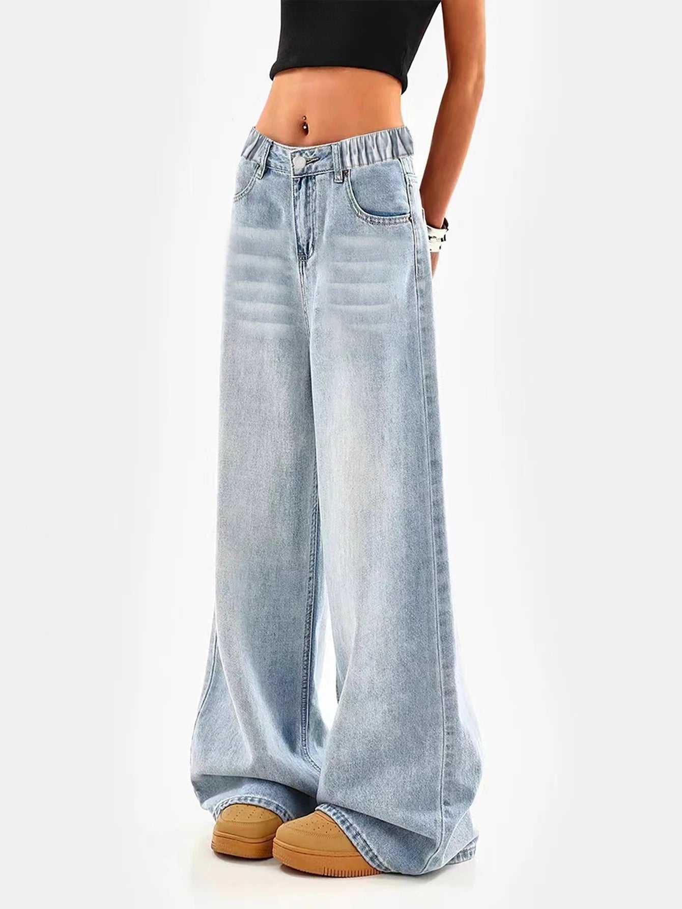 Blue Loose Wide-leg Straight Long Jeans