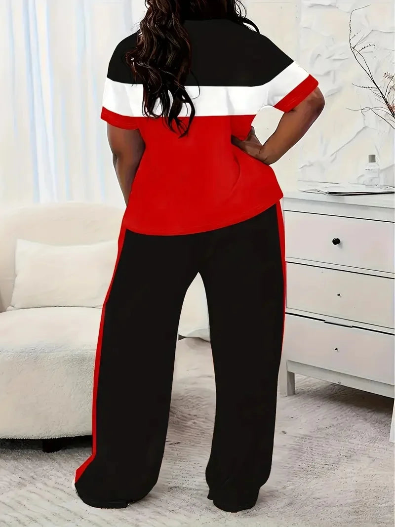 Casual Short-Sleeved Striped Printed Loose Pocket Pants Set