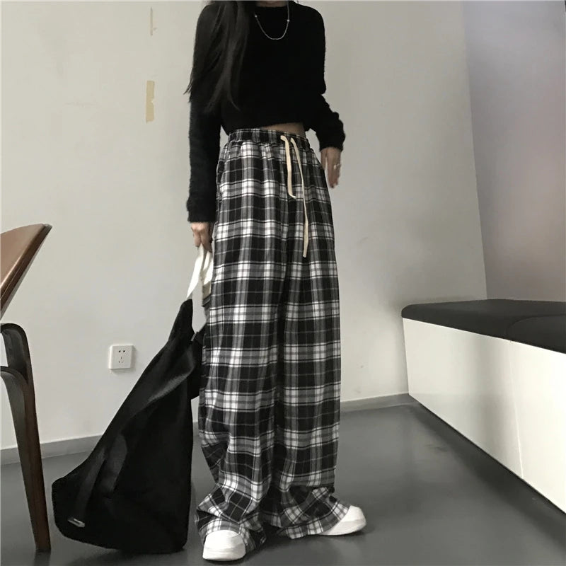 Black Plaid Casual Baggy Elastic Waist Trousers