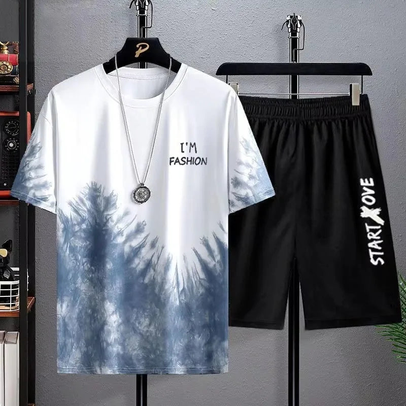 Men's Casual Breathable Short Sleeve 3D Printed T-shirt+Shorts Basketball Set