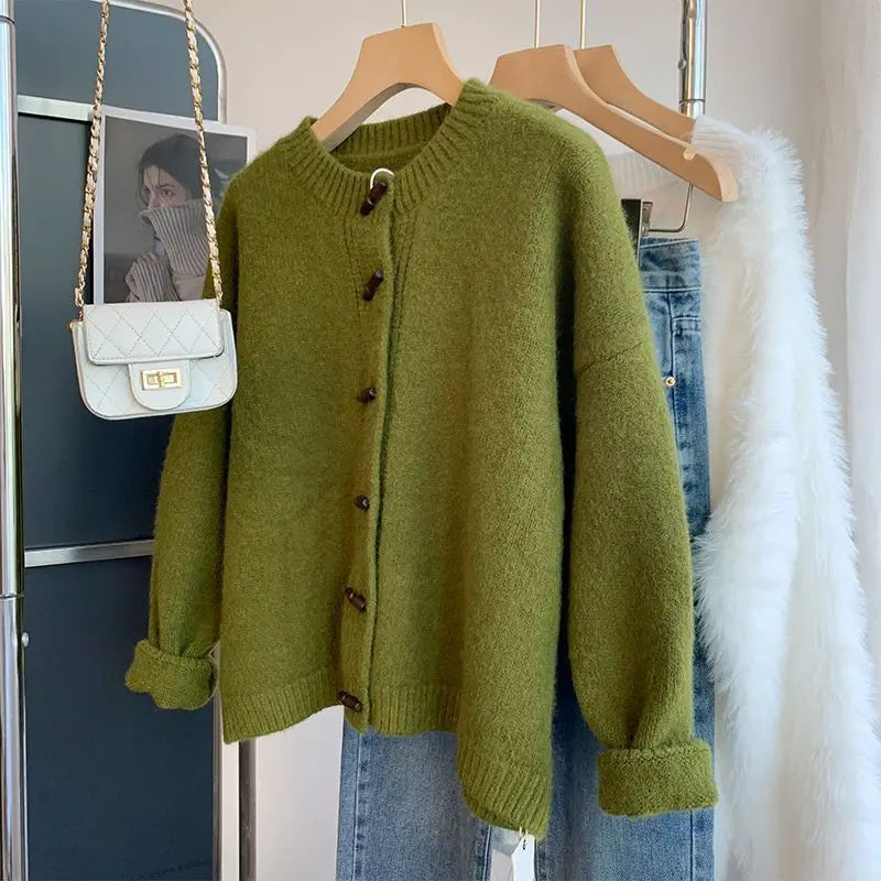 Green Horn Button Knitted Cardigan Sweater