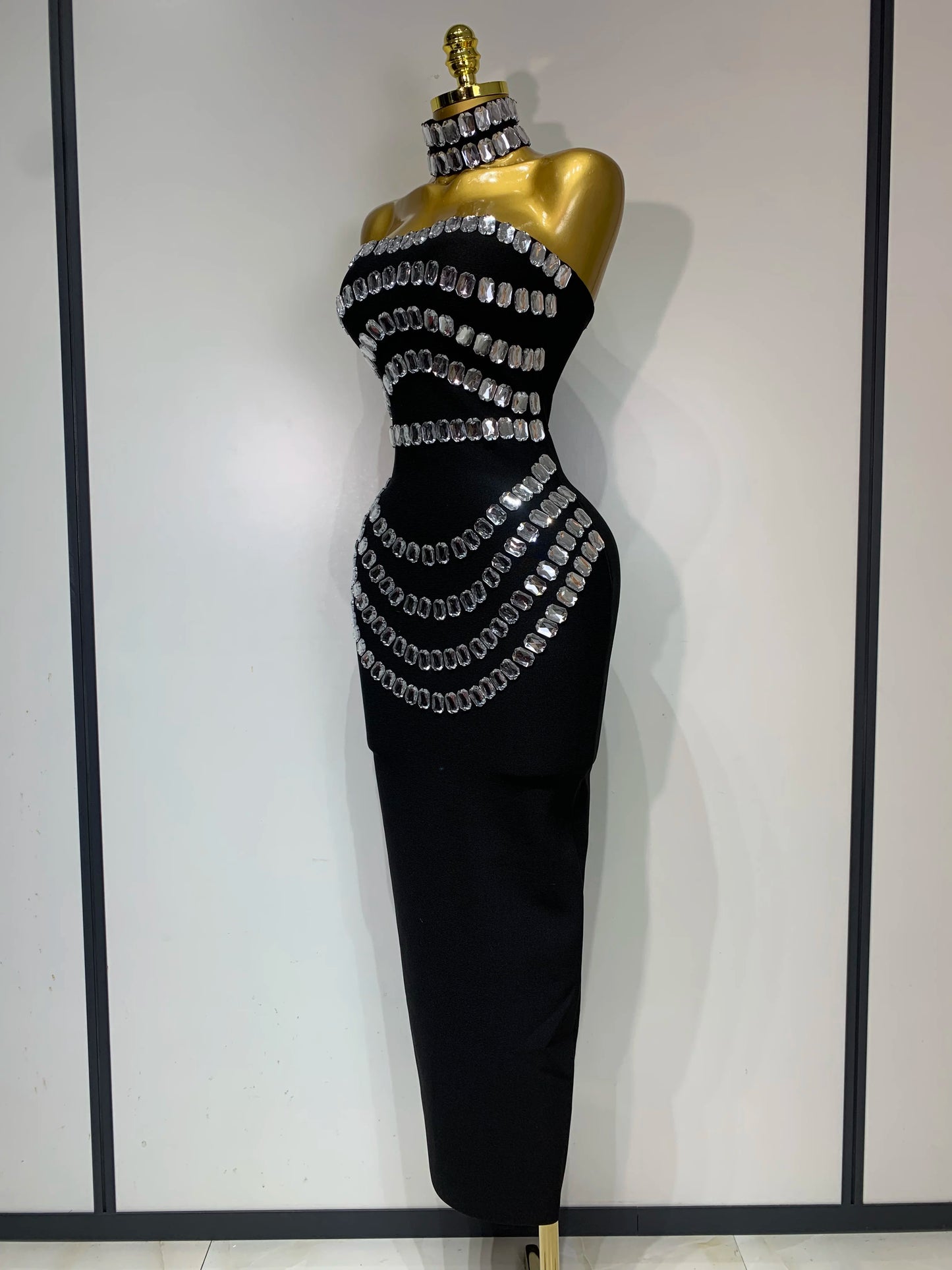 Strapless Black Bead Elegant Evening Dress