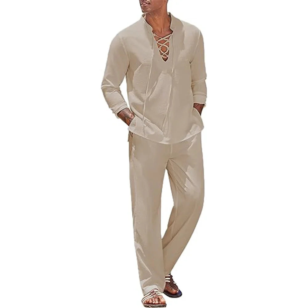 2pcs Men's Cotton Linen Shirt and Pants