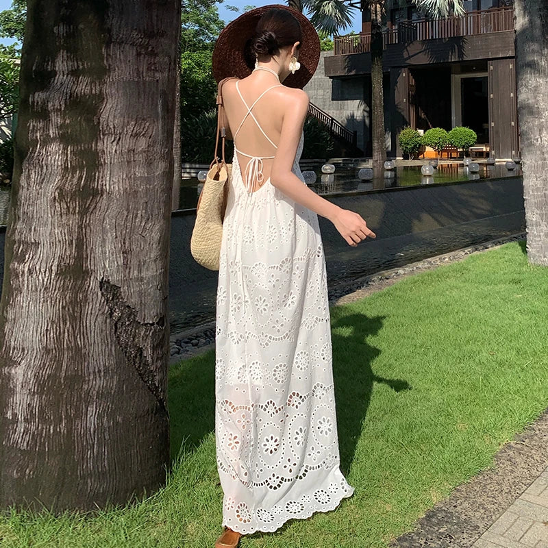 White Embroidery V-Neck Dress