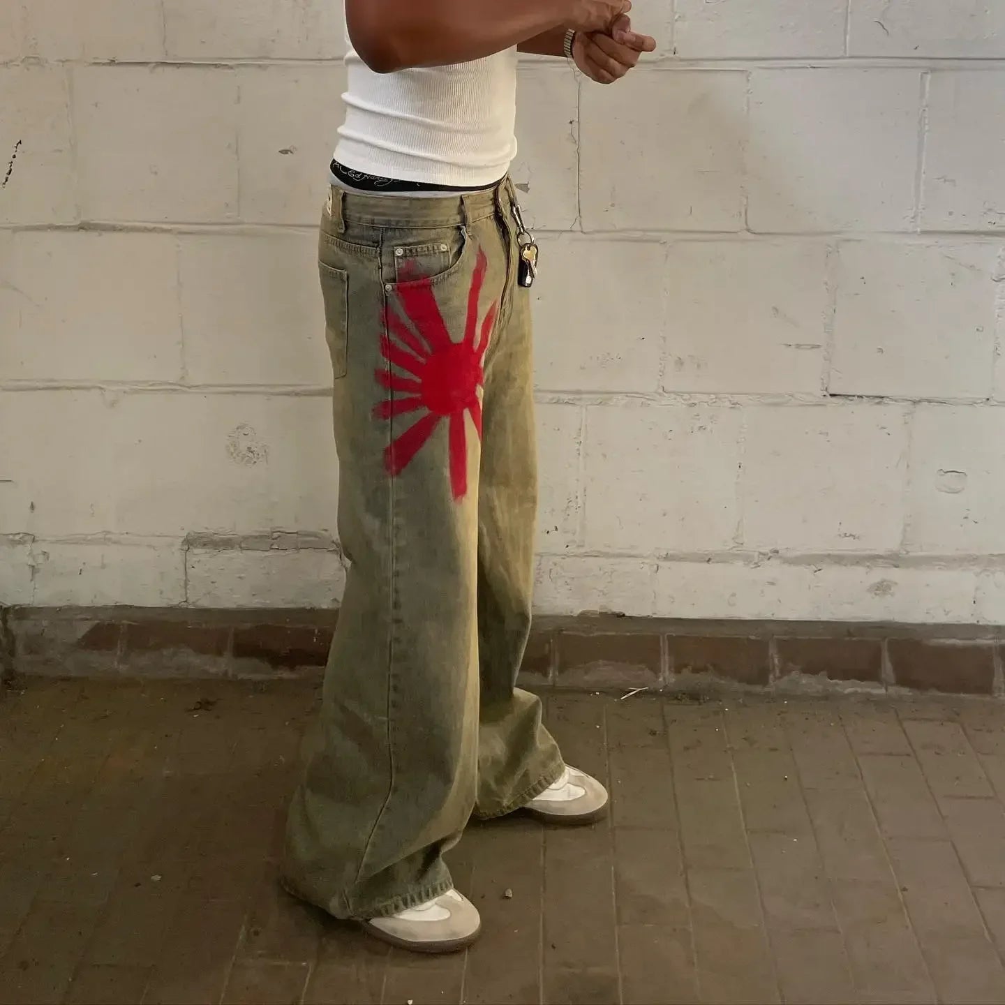 Baggy Red Print Grey Washed Unsex Wide Leg Jean