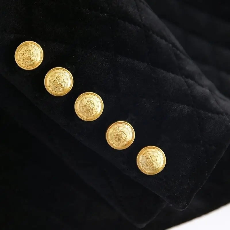 Velvet Black Cotton Double Row Metal Button Blazer