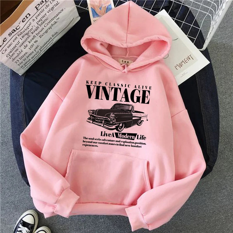 Vintage Car Retro Casual Graphic Print Hoodie
