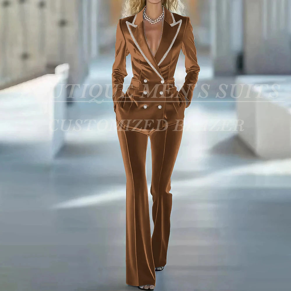 Fashion Women's Suits 2 Piece Jacket Pants Sets Elegant Double Breasted Female Velvet Clothing Office Lady Outfits Costume