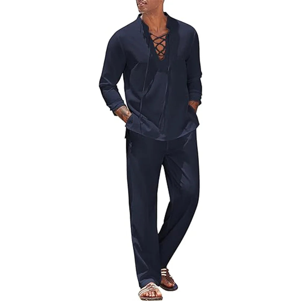2pcs Men's Cotton Linen Shirt and Pants