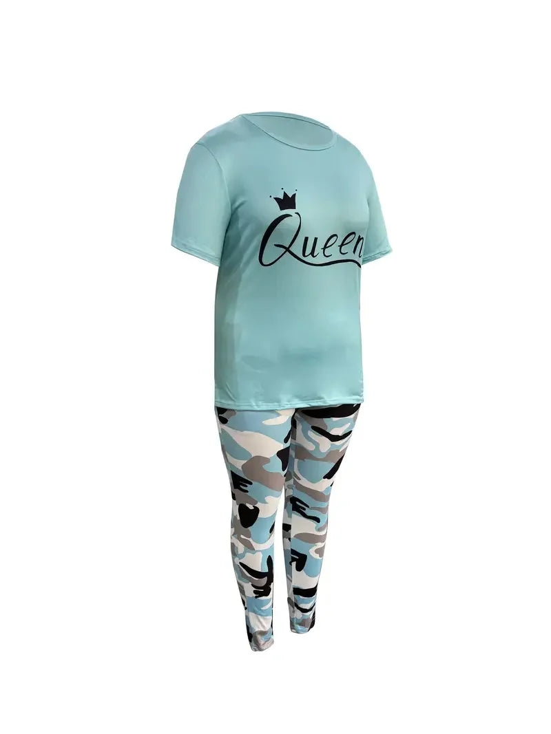 Letter Print Camouflage Pants Two-Piece Set