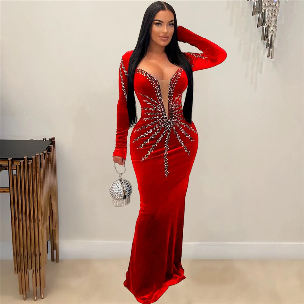Solid Rhinestones O-neck Long Sleeve Maxi Dress