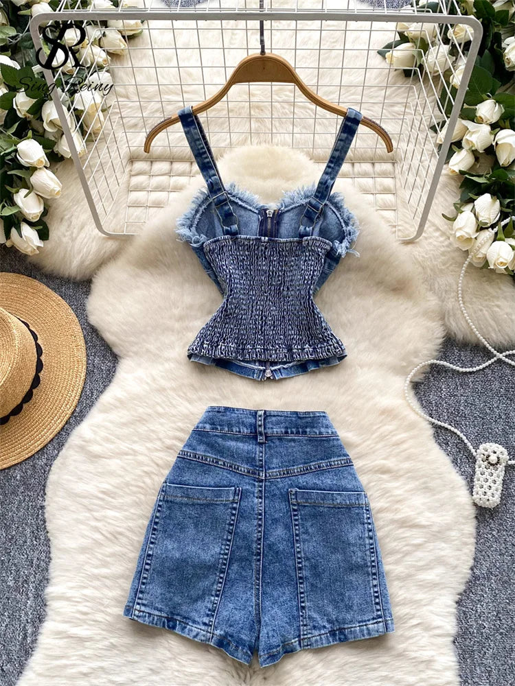 Denim Zipper Mini Two Piece Set