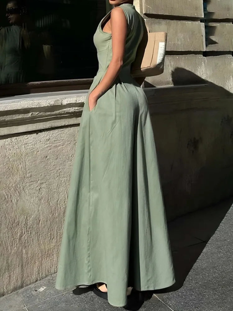 Solid Color Zipper V-Neck Sleeve-less Jumpsuit