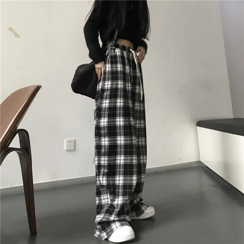 Black Plaid Casual Baggy Elastic Waist Trousers