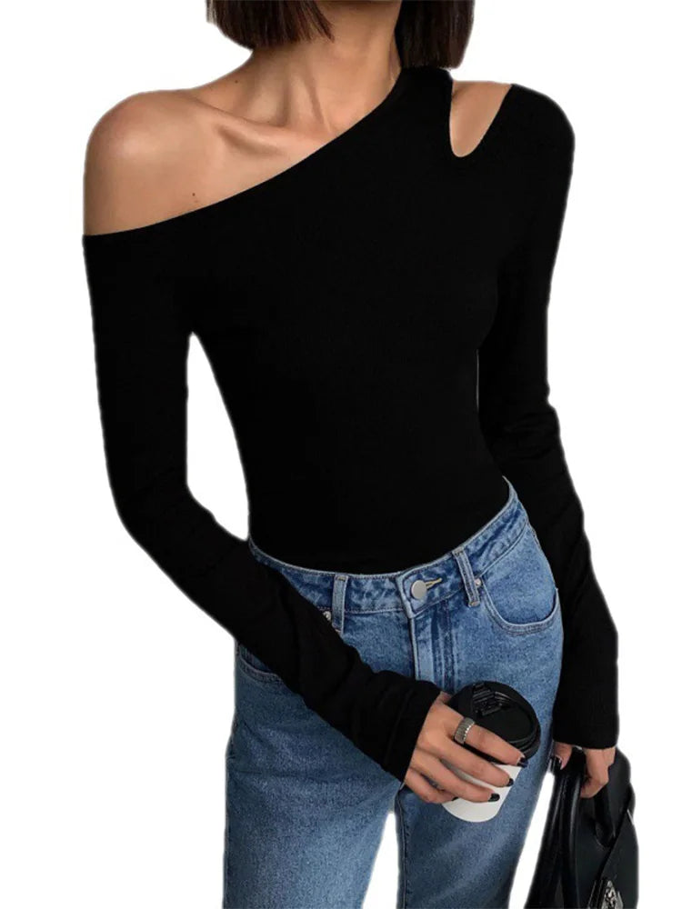 Collar Off-shoulder Long-sleeved T-shirt