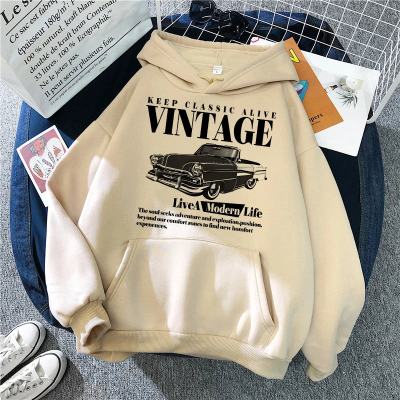 Vintage Car Retro Casual Graphic Print Hoodie
