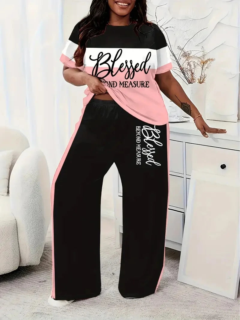 Casual Short-Sleeved Striped Printed Loose Pocket Pants Set