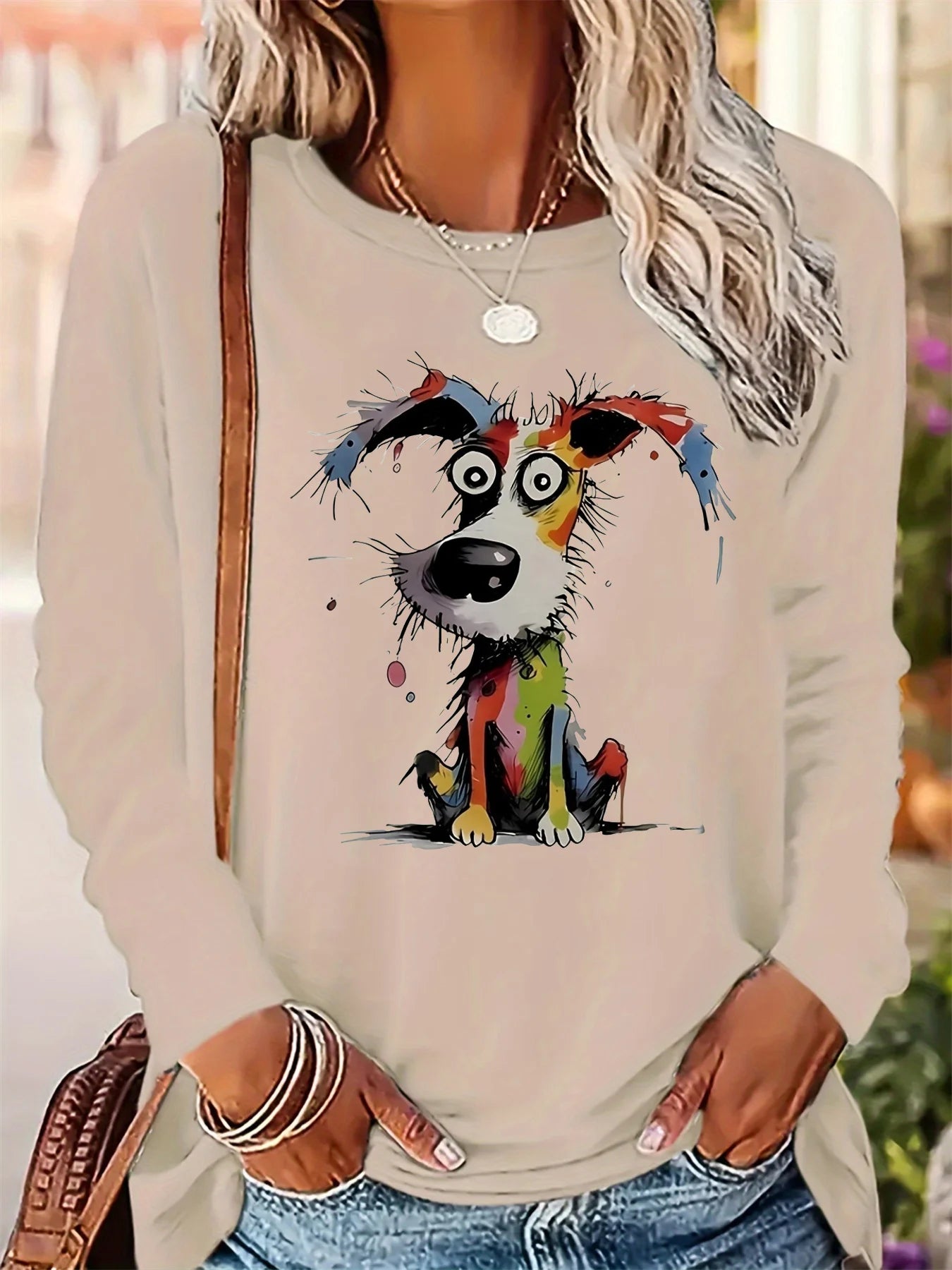 Casual Painted Cute Dog Print Round Neck Long Sleeved T-shirt