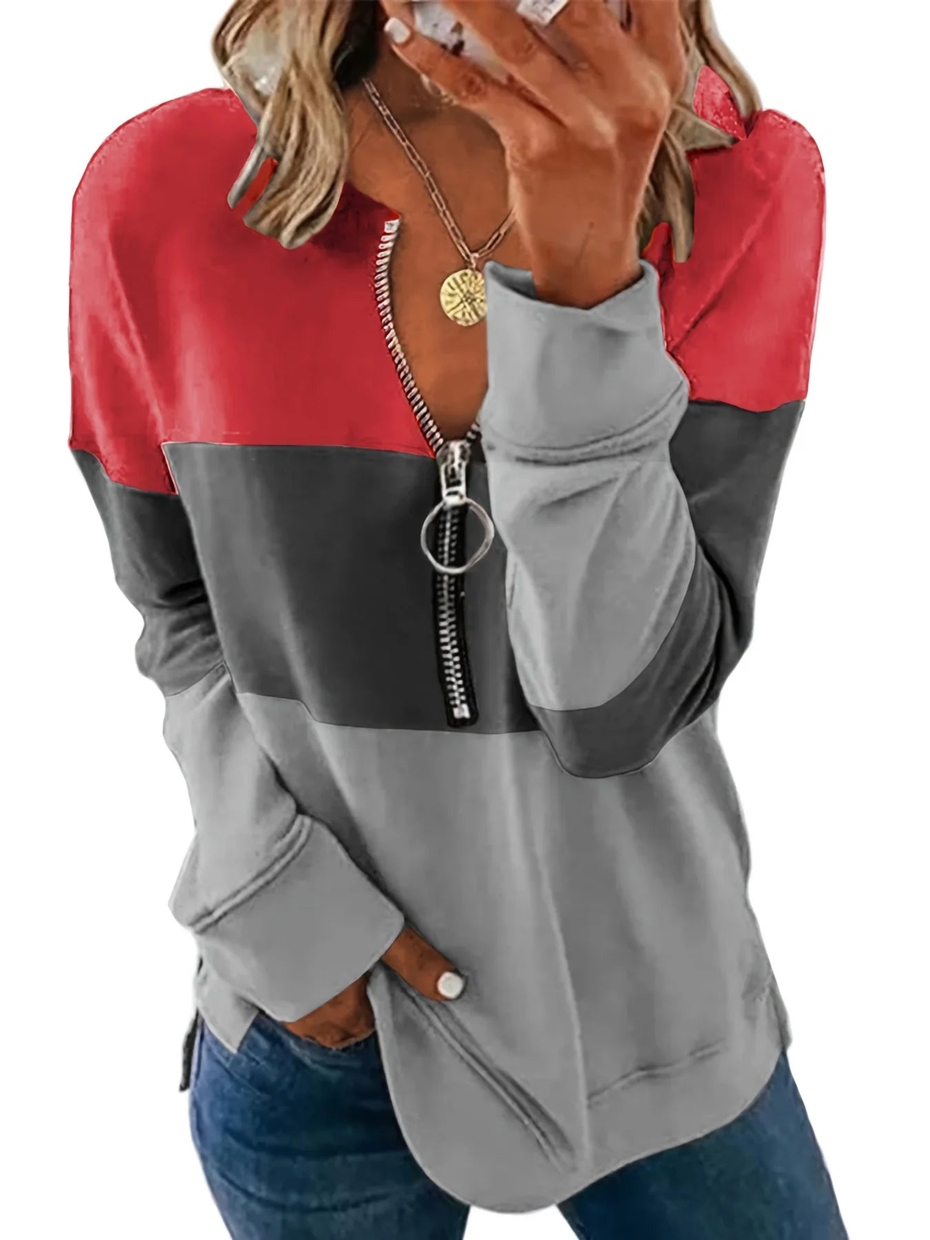 Color Block Front 1/4 Zipper Pullover, Casual Loose Sweatshirt