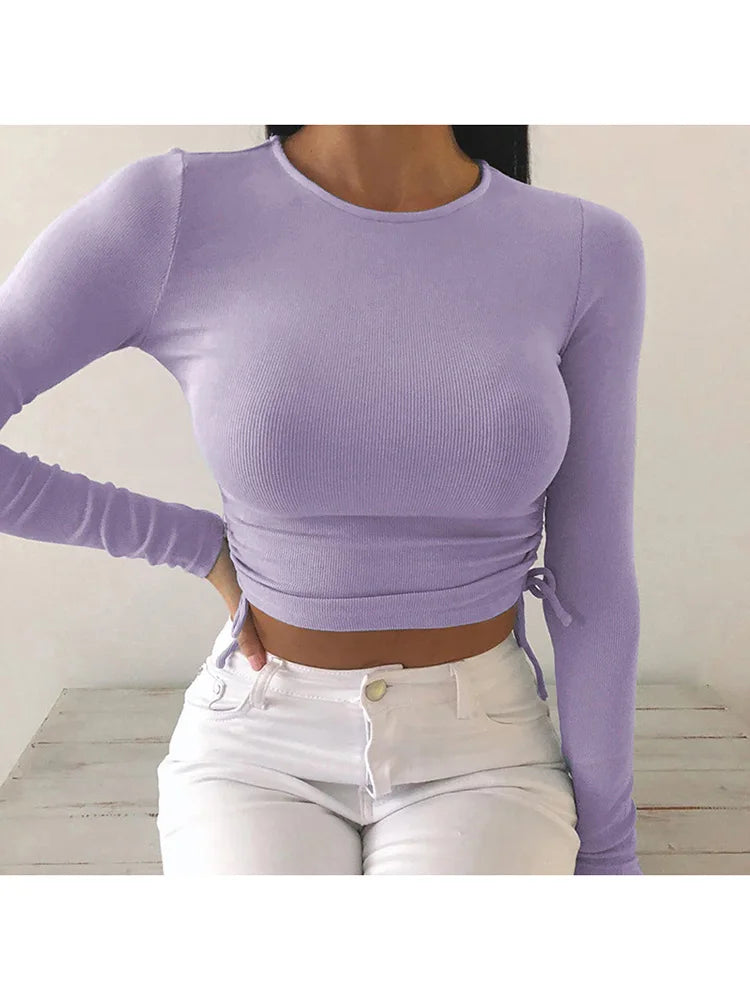 O-Neck Long Cropped Solid T-Shirt