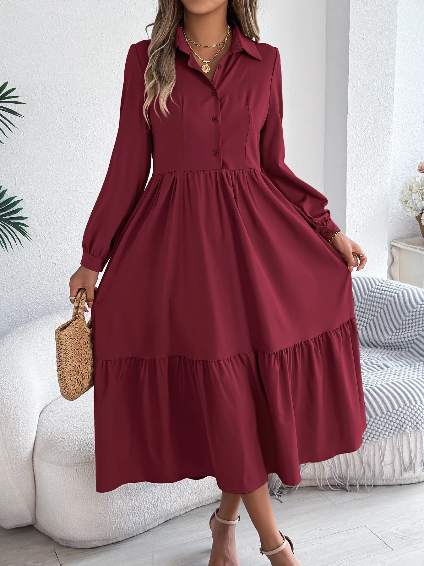 Casual Long Sleeved Mid-calf Dress