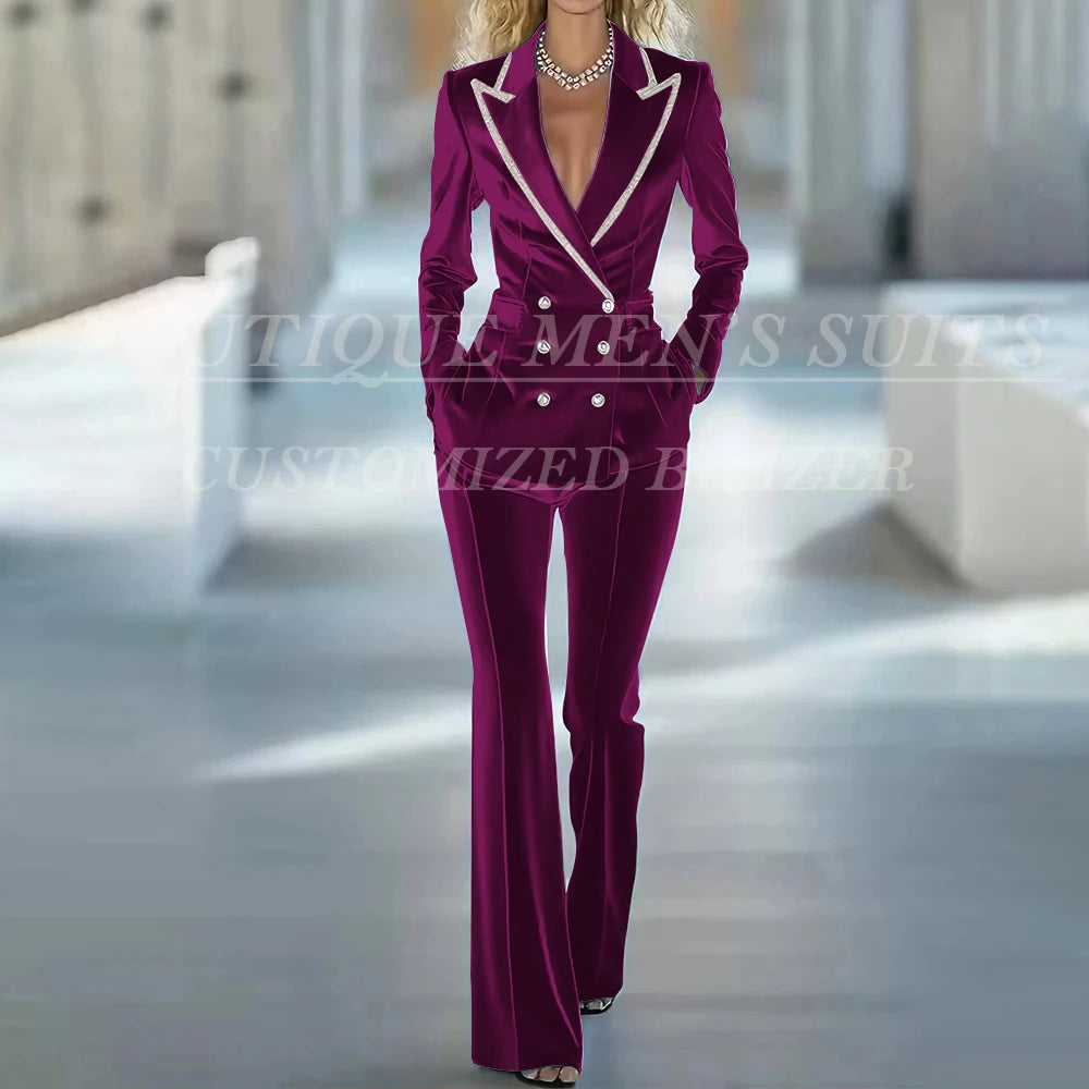 Fashion Women's Suits 2 Piece Jacket Pants Sets Elegant Double Breasted Female Velvet Clothing Office Lady Outfits Costume