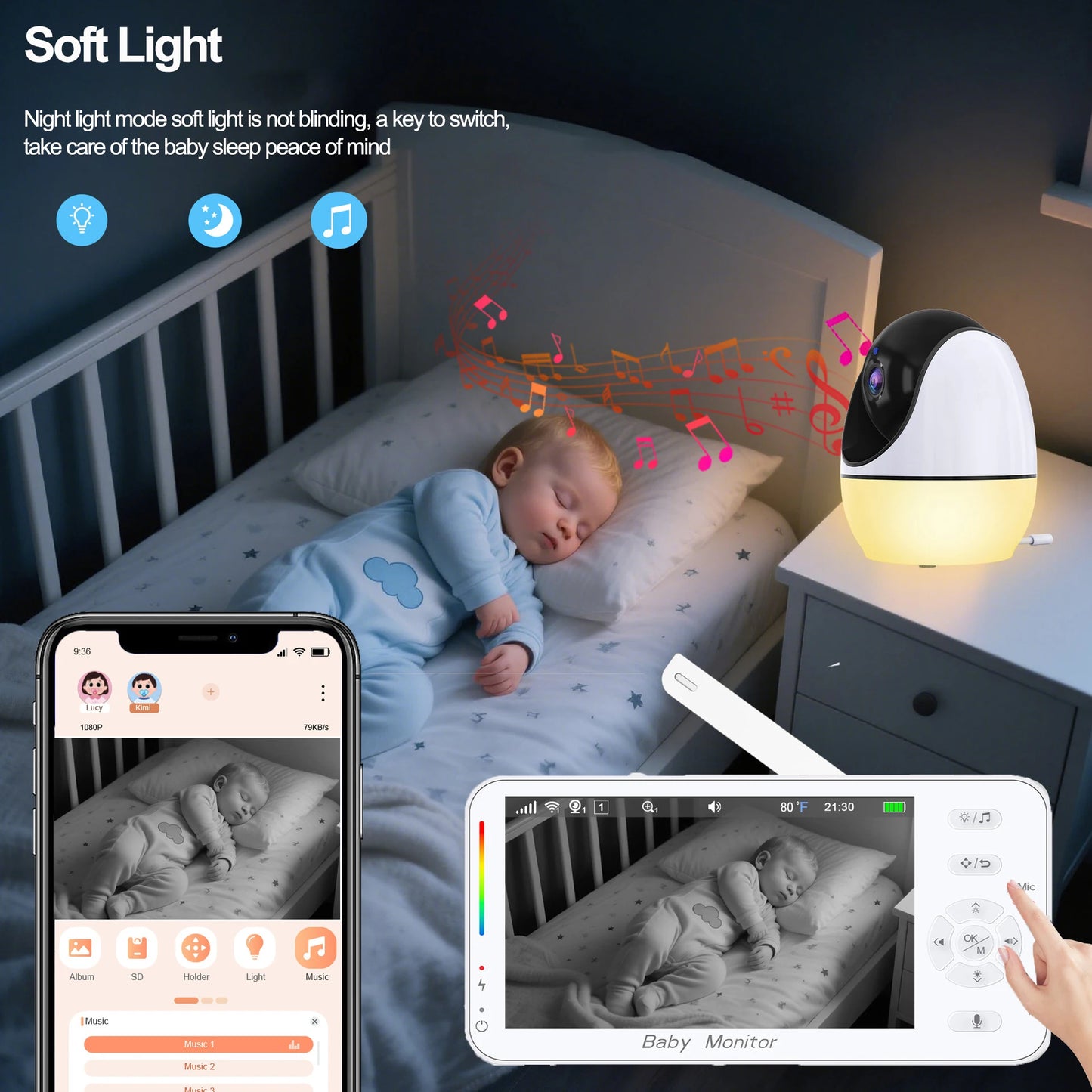 4.3-Inch Baby Video Monitor with 4x Zoom Camera Motion/Sound Detection Soft Night Light