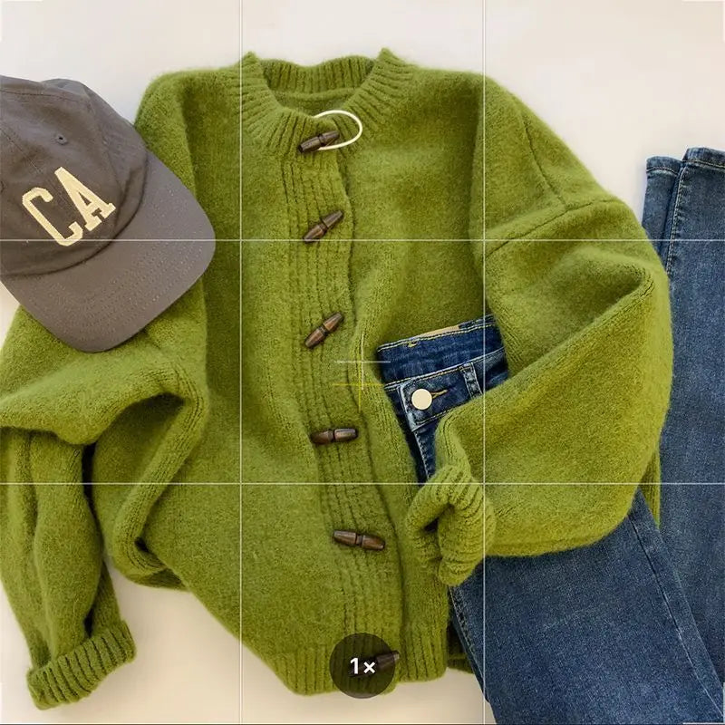 Green Horn Button Knitted Cardigan Sweater